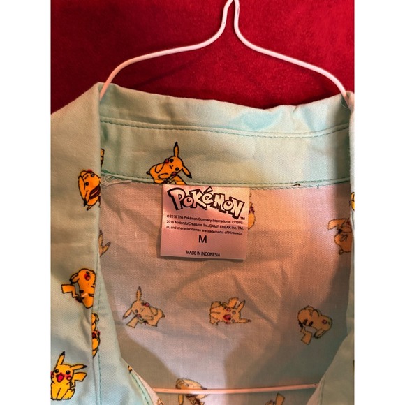Pokemon Pikachu All Over Print Short Sleeve Button Up Shirt Men's Size M Teal - Picture 2 of 4
